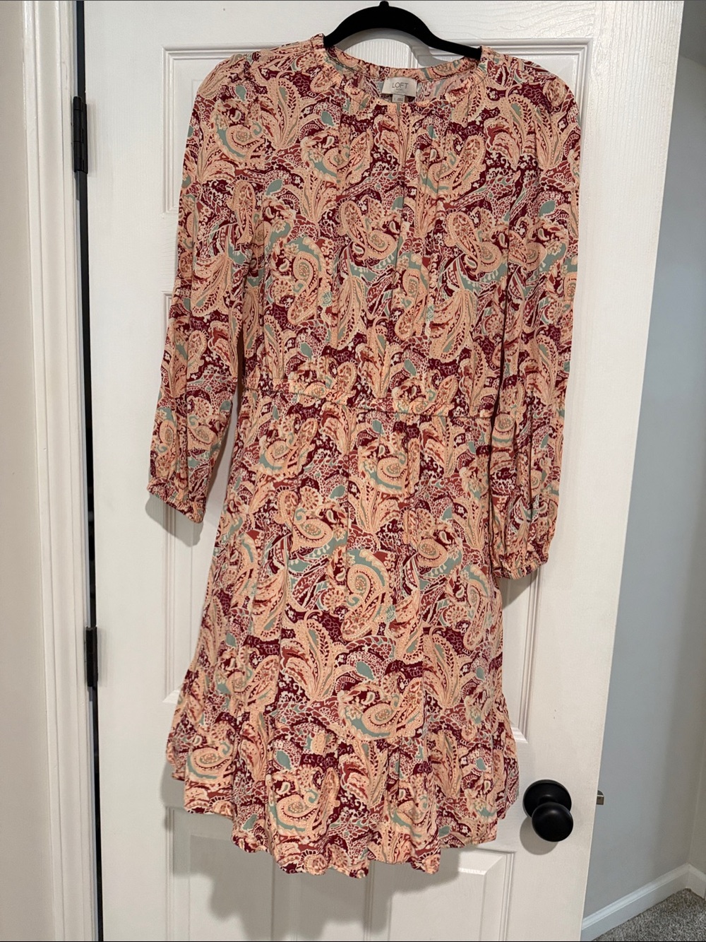 LOFT Paisley Long Sleeve Dress in Burgundy, Cream & Teal